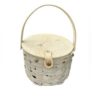 Vintage White Basket With Movable Handle And Attached Flip Lid Handmade